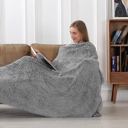 Tuddrom Decorative Extra Soft Faux Fur Throw Blanket 50"x60",Solid Lightweight Fuzzy Reversible Long Hair Shaggy Blanket,Fluffy Cozy Plush Mink Fleece Comfy Microfiber Blanket for Couch Sofa Bed, Grey