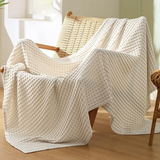 Bedsure Cooling Cotton Waffle Twin XL Blanket - Lightweight Breathable Blanket of Rayon Derived from Bamboo for Hot Sleepers, Light Beige, 66x90 Inches