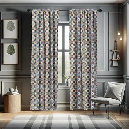 Ambesonne Moroccan Window Curtains, Portuguese Azulejo Checkered Squares Colorful Pattern Floral Arrangement, Lightweight Decor 2-Panel Set with Rod Pocket, Pair of - 28" x 95", Dark Blue Amber Red