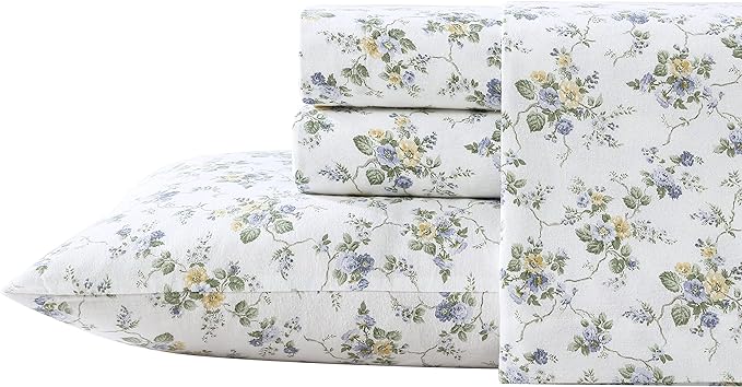 Laura Ashley - Flannel Sheets King Size, Anti-Pilling & Wrinkle Resistant Cotton, Touchably Soft for All-Season Comfort - Bed Sheets with Matching Pillowcases & Fitted Sheet (Le Fleur Cottage Blue)