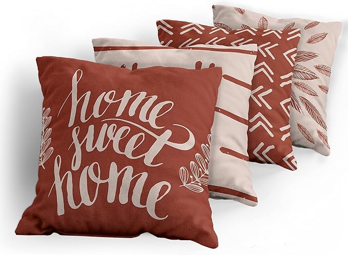 Ambesonne Modern Throw Pillow Cushion Case Pack of 4, Scandinavian Minimal Ornaments Boho Feather Leaves and Home Phrase Print, Modern Accent Double-Sided Digital Printing, 18", Pale Tan and Dark Rust