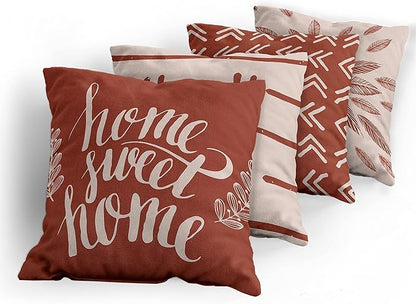 Ambesonne Modern Throw Pillow Cushion Case Pack of 4, Scandinavian Minimal Ornaments Boho Feather Leaves and Home Phrase Print, Modern Accent Double-Sided Digital Printing, 16", Pale Tan and Dark Rust