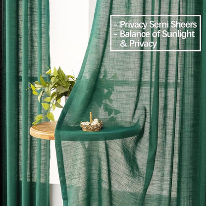 Emerald Green Linen Pinch Pleated Sliding Door Curtains Semi Sheer, 2x50 Inches Width, Hunter Light Filtering Drapes 102 Inches Long, Dark Textured Floor to Ceiling Window Curtain Panels