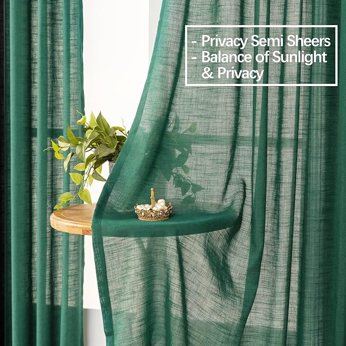 Emerald Green Curtains Semi Sheer 108 Inch Long, Dark Linen Textured Light Filtering Drapes for Living Room, Hunter Green Window Decor, Floor to Ceiling Pinch Pleat Curtain with Hooks