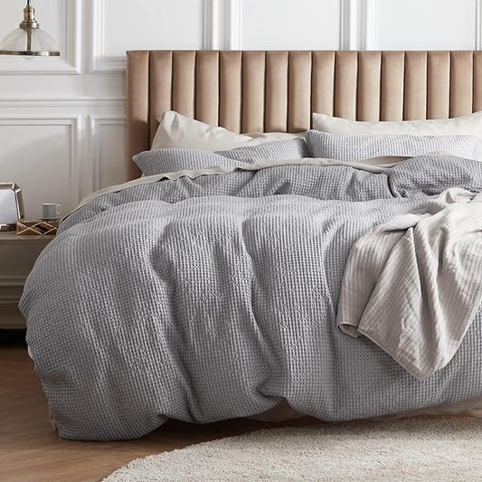 Bedsure Cotton Duvet Cover King - 100% Cotton Waffle Weave Grey Duvet Cover King Size, GentleSoft™ and Breathable Bedding Set for All Season, 3 Pieces, 104"x90"