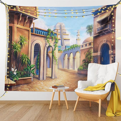 Lunarable City Tapestry Queen Size, Babylon City Gardens Architecture 7 Wonders of the World, Wall Hanging Bedspread Bed Cover Wall Decor, 88" X 88", Caramel Green