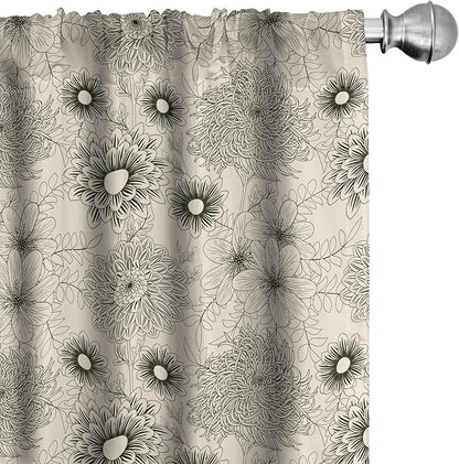 Ambesonne Dahlia Curtains, Vintage Style Garden Flower Sketches of Dahlia and Chrysanthemum Botany Theme, Window Treatments 2 Panel Set for Living Room Bedroom, Pair of - 28" x 63", Beige Black