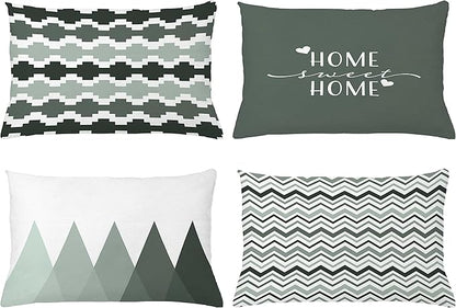 Ambesonne Modern Throw Pillow Cushion Case Pack of 4, Geometric Style Pattern of Triangles Zigzags Love Home Phrase Print, Modern Accent Double-Sided Printing, 20" x 12", Dark Sea Green and White