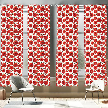 Ambesonne Poppy Flower Window Curtains Pack of 2, Springs Ladybugs Animals and Plants Flora Fauna Nature, Lightweight Set with Rod Pocket, 4 Panels of - 28" x 63", Burnt Orange Olive Green