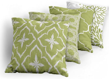 Ambesonne Vintage Throw Pillow Cushion Case Pack of 4, Monochrome Design Grid Trellis Quatrefoil Mesh and Dahlia Flowers Modern, Modern Accent Double-Sided Digital Printing, 20", Olive Green