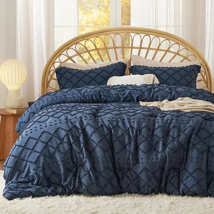 Bedsure Queen Comforter Set - Navy Blue Comforter, Boho Tufted Shabby Chic Bedding for Kids, 3 Pieces Vintage Farmhouse Bed Set for All Seasons, Fluffy Soft Bedding with 2 Pillow Shams