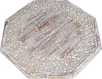 Hand Carved Wooden Octagon Coffee Table, 24"x24"x18" White wash Farmhouse Accent End Table, Rustic Foldable Side Table Nightstand for Bedroom, Dining Room & Living Room