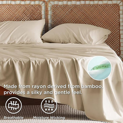 Bedsure Full Size Bed Sheets, Cooling Sheets, Rayon Derived from Bamboo, Breathable & Soft, Deep Pocket Up to 16 Inches, Hotel Luxury Silky Bedding for Hot Sleepers, Beige