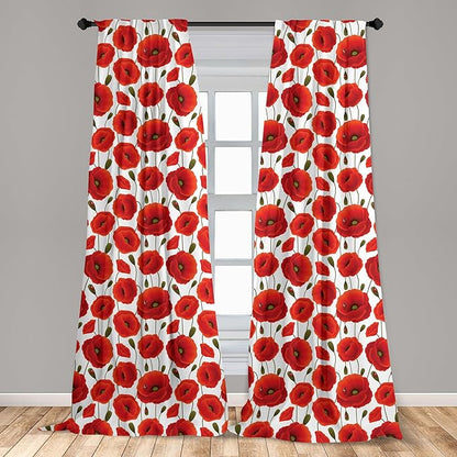 Ambesonne Poppy Flower Window Curtains, Springs Ladybugs Animals and Plants Flora Fauna Nature, Lightweight Decor 2-Panel Set with Rod Pocket, Pair of - 28" x 63", Burnt Orange Olive Green