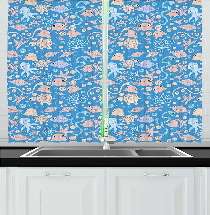 Lunarable Cartoon Kitchen Curtains, Pastel Doodle Sea Creatures Fish Octopus Turtle, Window Drapes 2 Panel Set for Kitchen Cafe Decor, 55" x 30", Azure Blue Peach