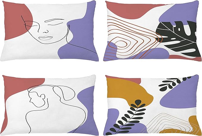 Ambesonne Minimal Throw Pillow CushiCase Pack 4, Modern Line Art Woman Portrait Contemporary Leafy Geometric Details, Modern Accent Double-Sided Digital Printing, 20" x 12", Lavender Amber Pale Rust