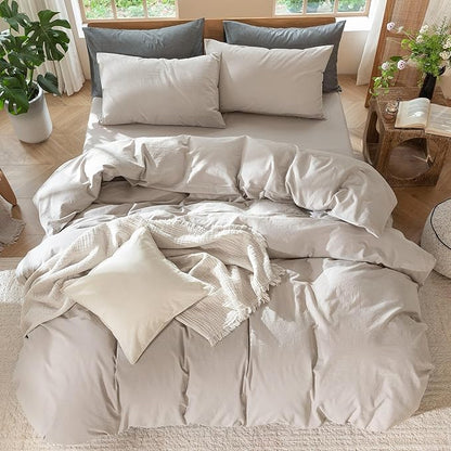 MooMee Bedding Duvet Cover Set 100% Washed Cotton Linen Like Textured Breathable Durable Soft Comfy (Solid Light Tan, Cal King 104"x98")