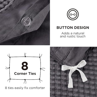 Bedsure Cooling Waffle Duvet Cover Queen - Cotton Blend Rayon Derived from Bamboo Duvet Cover Set for Hot Sleepers, Breathable Bedding Set with a Vintage Charm, 3 Pieces (Charcoal, Queen, 90"x90")