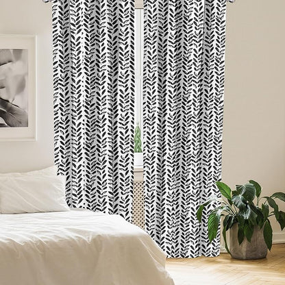 Ambesonne Black and White Window Curtains Pack of 2, Modern Grunge Botany Motif Monochrome Brush Paint Style Strokes, Lightweight Set with Rod Pocket, 4 Panels of - 28" x 63", White and Black