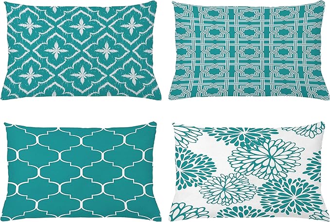 Ambesonne Vintage Throw Pillow CushiCase Pack 4, Monochrome Design Grid Trellis Quatrefoil Mesh Dahlia Flowers Modern Print, Modern Accent Double-Sided Digital Printing, 20" x 12", Teal and White