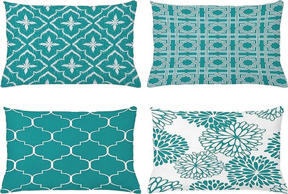 Ambesonne Vintage Throw Pillow CushiCase Pack 4, Monochrome Design Grid Trellis Quatrefoil Mesh Dahlia Flowers Modern Print, Modern Accent Double-Sided Digital Printing, 20" x 12", Teal and White
