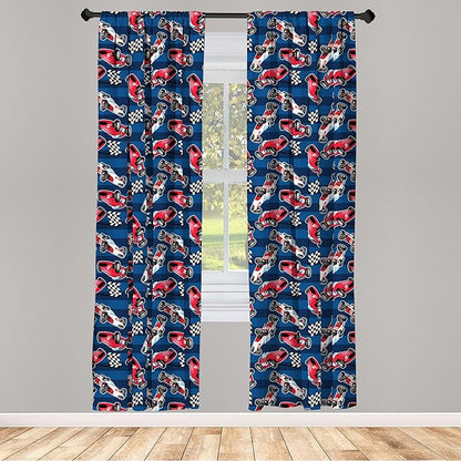 Ambesonne Cars Window Curtains Pack of 2, Vintage Racing Cars on Blue Stripes with Checkered Flags Automobile Sports, Lightweight Set with Rod Pocket, 4 Panels of - 28" x 63", Navy Blue