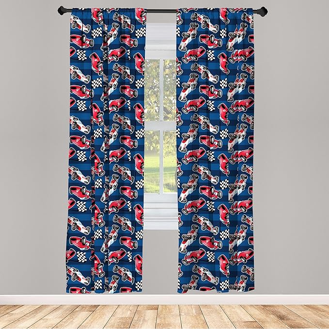 Ambesonne Cars Window Curtains Pack of 2, Vintage Racing Cars on Blue Stripes with Checkered Flags Automobile Sports, Lightweight Set with Rod Pocket, 4 Panels of - 28" x 95", Navy Blue