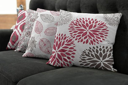Ambesonne Vintage Throw Pillow Cushion Case Pack of 4, Bohemian Ornamental Leaves Dahlia Pattern Geometric Art Curlicue Motif, Modern Accent Double-Sided Digital Printing, 16", Raspberry Taupe White