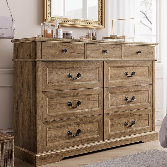 LINSY HOME Dresser for Bedroom, 9 Drawer Wood Farmhouse Chest, Tall Vintage Dressers with Deep Storage Drawers, Wide Large Dresser, Accent Wide Storage Cabinet for Bedroom, Living Room, Rustic Brown