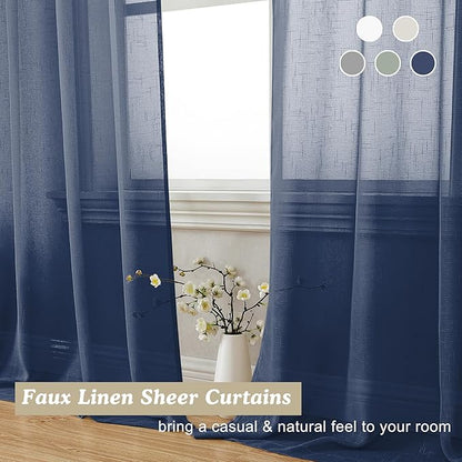 Aiyufeng Navy Blue Long Sheer Curtains - Slub Texture Semi Sheer Window Covering, Light & Airy Privacy Sheer Panels for Bedroom Living Room Patio Glass Door, 40 inch Width x 96 inch Length, Set of 2