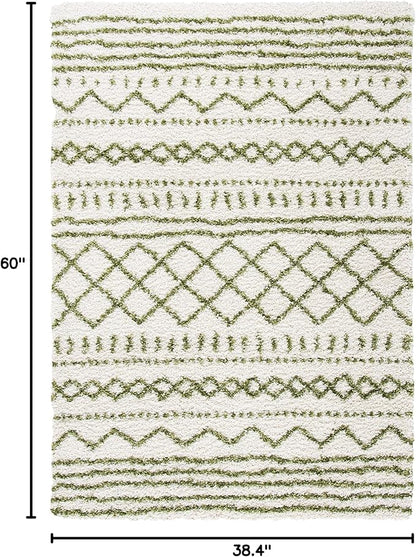 SAFAVIEH Arizona Shag Collection Accent Rug - 3'2" x 5', Ivory & Green, Moroccan Design, Non-Shedding & Easy Care, 1.6-inch Thick Ideal for High Traffic Areas in Foyer, Living Room, Bedroom (ASG741Y)