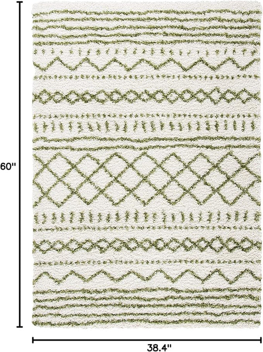 SAFAVIEH Arizona Shag Collection Accent Rug - 3'2" x 5', Ivory & Green, Moroccan Design, Non-Shedding & Easy Care, 1.6-inch Thick Ideal for High Traffic Areas in Foyer, Living Room, Bedroom (ASG741Y)