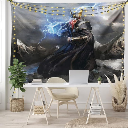 Lunarable Viking Tapestry, Thor Mjolnir and Thunder Flying Over Mountains Angry Warrior from Norse Myths, Wide Wall Hanging for Bedroom Living Room Dorm, 80" X 60", Grey Yellow