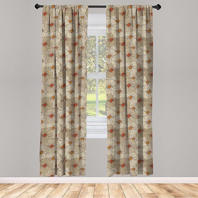 Ambesonne Vintage Window Curtains Pack of 2, Sketch Art Style Gerbera Daisies Abstract Flowers Autumn Garden Flourish, Lightweight Set with Rod Pocket, 4 Panels of - 28" x 95", Marigold Orange