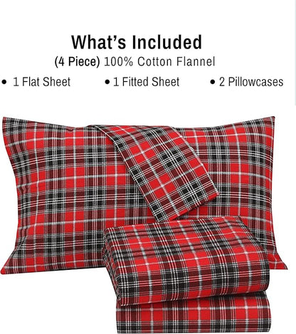 RUVANTI Flannel Sheets King Size - 100% Cotton Brushed King Size Sheets Set - Deep Pockets 16 Inches Bed Sheets - All Seasons Breathable & Extra Soft - Warm & Cozy, 4 Piece, Red Plaid