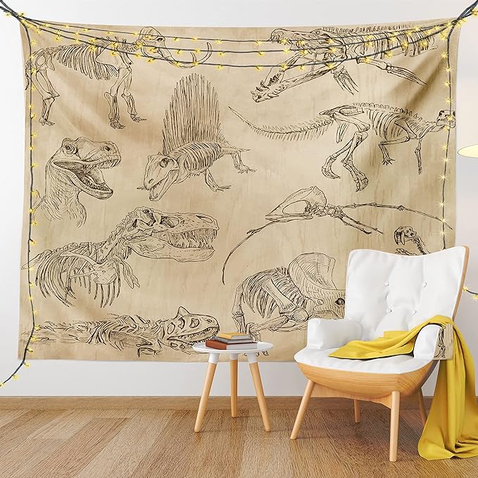 Lunarable Dinosaur Tapestry King Size, Hand Drawn Style Skeletons Bones from Medieval Times Archeology Theme, Wall Hanging Bedspread Bed Cover Wall Decor, King Size, Sand Brown Army Green