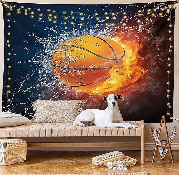 Ambesonne Sports Tapestry, Basketball Ball and Water Splashing Thunder Lightning Themed Design, Wall Hanging for Bedroom Living Room Dorm Decor, 40" X 60", Dark Blue and Burgundy