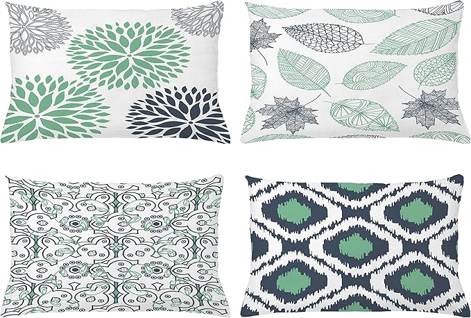 Ambesonne Vintage Throw Pillow CushiCase Pack 4, Bohemian Ornamental Leaves Dahlia Pattern Geometric Art Curlicue Motif, Modern Accent Double-Sided Digital Printing, 20" x 12", Dark Blue and Sea Green