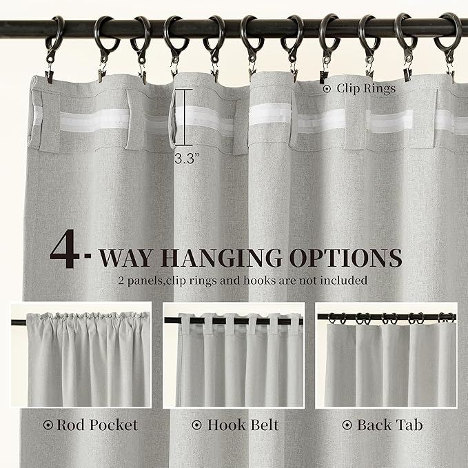 Light Grey 102 Inch Blackout Curtains, Extra Long Natural Linen Fabric for Living Room & Nursery, Thermal Insulated Noise Reducing Drapes 2 Panels, Back Tab/Rod Pocket/Pleated, 52x102 Inch
