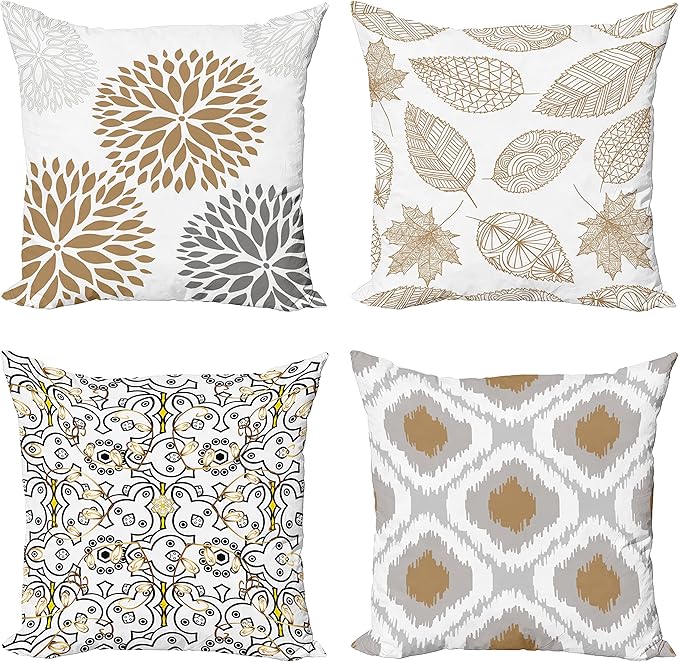 Ambesonne Vintage Throw Pillow Covers Pack of 4, Bohemian Ornamental Leaves Dahlia Pattern Geometric Curlicue, Modern for Home Accent Double-Sided Digital Printing Cases, 20", Pale Brown Grey White
