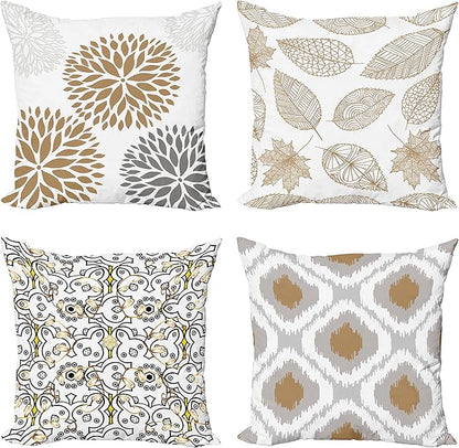 Ambesonne Vintage Throw Pillow Covers Pack of 4, Bohemian Ornamental Leaves Dahlia Pattern Geometric Curlicue, Modern for Home Accent Double-Sided Digital Printing Cases, 20", Pale Brown Grey White