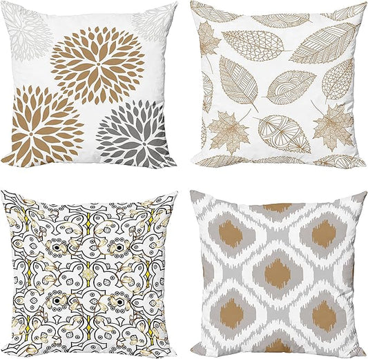 Ambesonne Vintage Throw Pillow Covers Pack of 4, Bohemian Ornamental Leaves Dahlia Pattern Geometric Curlicue, Modern for Home Accent Double-Sided Digital Printing Cases, 20", Pale Brown Grey White