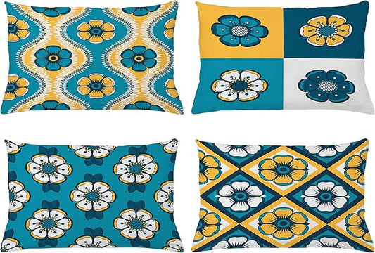 Ambesonne Vintage Throw Pillow Cushion Case Pack of 4, Nostalgic Look Abstract Flowers Squares Tile Mosaic Inspired Motif, Modern Accent Double-Sided Printing, 20" x 12", Petrol Blue and Pale Orange