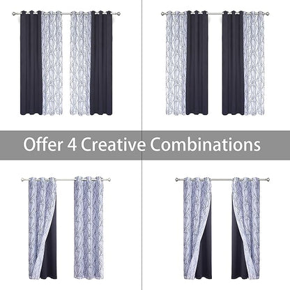 BONZER Mix and Match Curtains - 2 Pieces Branch Print Sheer Curtains and 2 Pieces Blackout Curtains for Bedroom Living Room Grommet Window Drapes, 37x63 Inch/Panel, Grey Dark, Set of 4 Panels