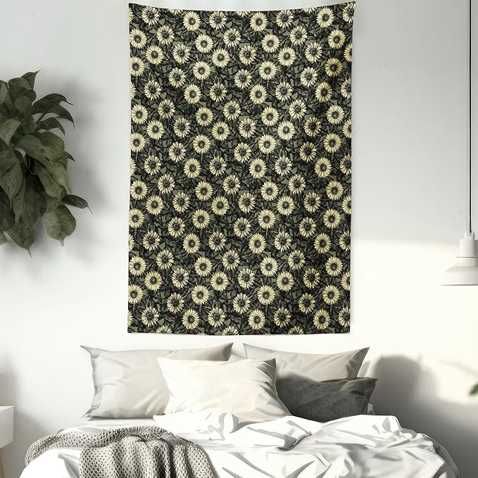 Lunarable Sunflower Tapestry Queen Size, Abstract Nature Inspired Illustration Bouquet Retro Composition, Wall Hanging Bedspread Bed Cover Wall Decor, Queen Size, Yellow Green