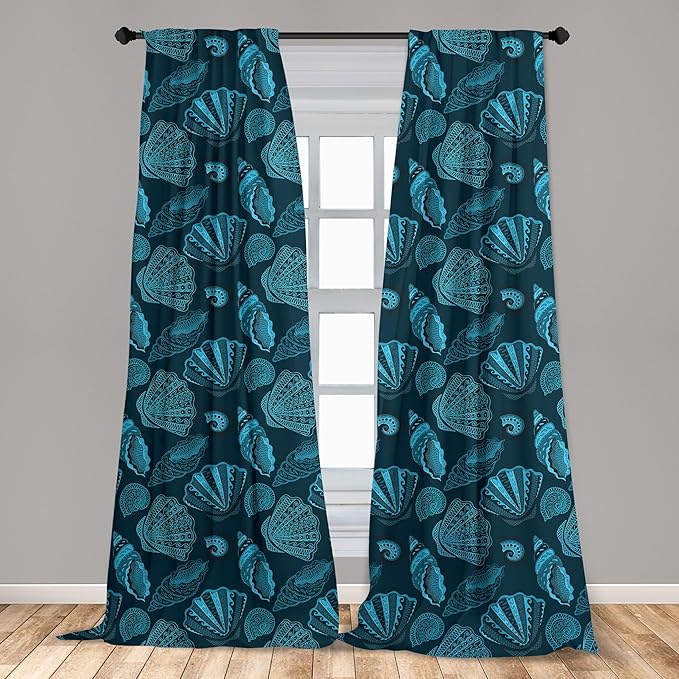 Ambesonne Scallop Window Curtains, Repetitive Seashell Aquatic Underwater Sea Creatures Pattern, Lightweight Decor 2-Panel Set with Rod Pocket, Pair of - 28" x 84", Blue Petrol