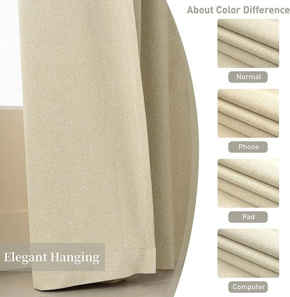 KangBang Thermal Blackout Curtains 63 Inch Length for Bedroom, Back Tab Loop Pocket Pleated Linen Woven Textured Curtains, 100% Light Blocking Drapes for Living Room(W52xL63,2 Panels,Natural Beige)