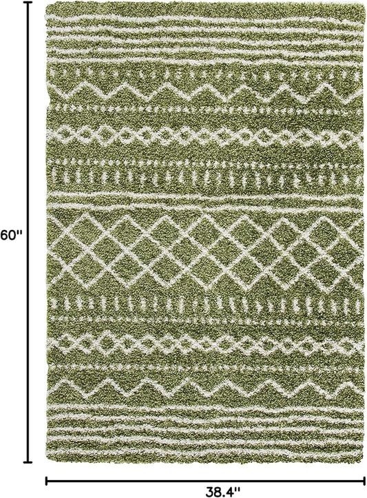 SAFAVIEH Arizona Shag Collection Accent Rug - 3'2" x 5', Green & Ivory, Moroccan Design, Non-Shedding & Easy Care, 1.6-inch Thick Ideal for High Traffic Areas in Foyer, Living Room, Bedroom (ASG741X)
