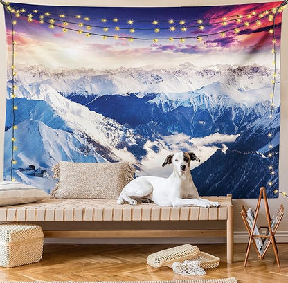 Ambesonne Europe Tapestry, Mountain Peak Snowy Winter Colorful Sky Sunbeams Adventure Austria, Wide Wall Hanging for Bedroom Living Room Dorm, 80" X 60", Coral Night