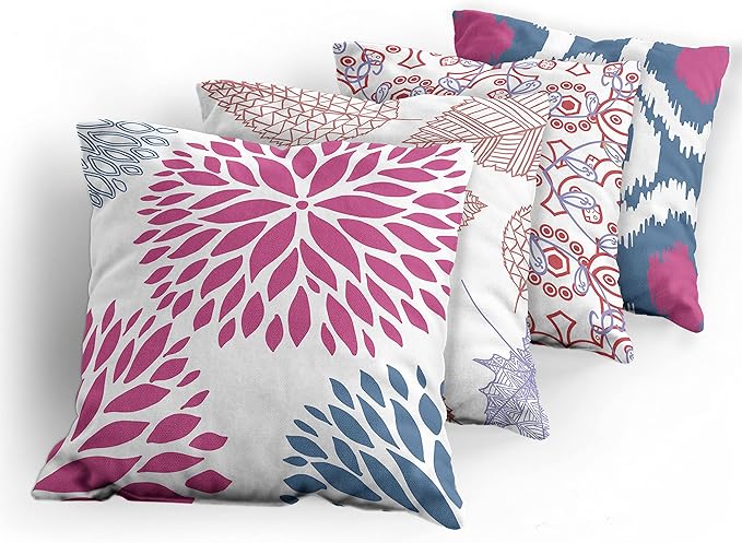Ambesonne Vintage Throw Pillow Cushion Case Pack of 4, Bohemian Ornamental Leaves Dahlia Pattern Geometric Art Curlicue Motif, Modern Accent Double-Sided Digital Printing, 18", Pink and Dark Sky Blue